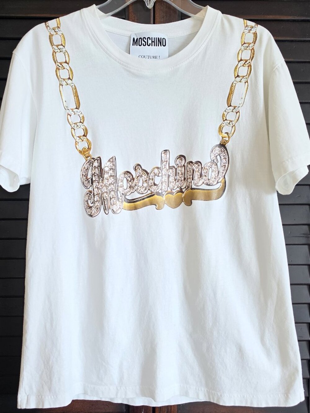 Authentic Moschino Couture! Chain Logo Graphic T Shirt Ivory M Made in Portugal